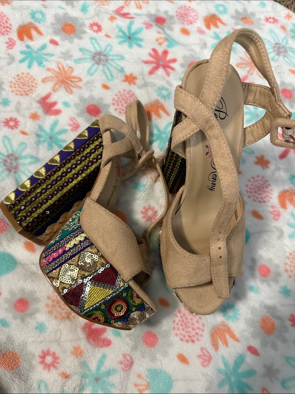 Penny Loves Kenny Skip Sequin Embroidered Platform Wedge Sandals Beige Nude